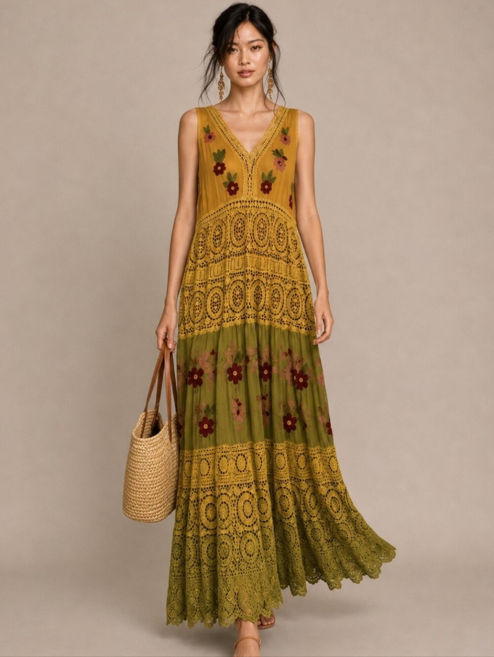 Boho Lace Embroidered Maxi Dress Vintage Inspired Crochet Boutique - Picture 11 of 14